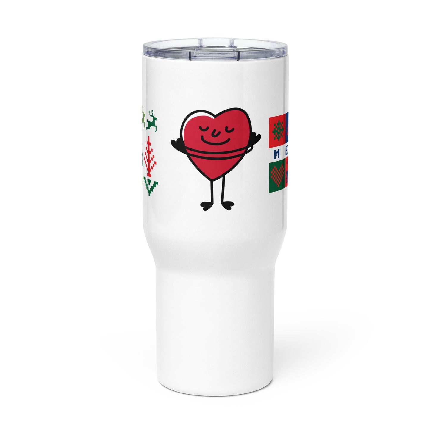 Seasonal travel mug with a handle