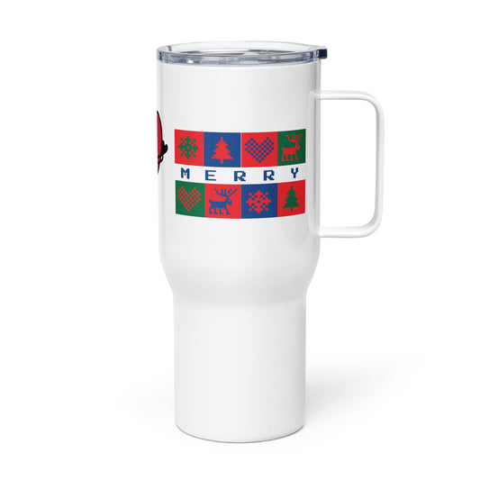 Seasonal travel mug with a handle